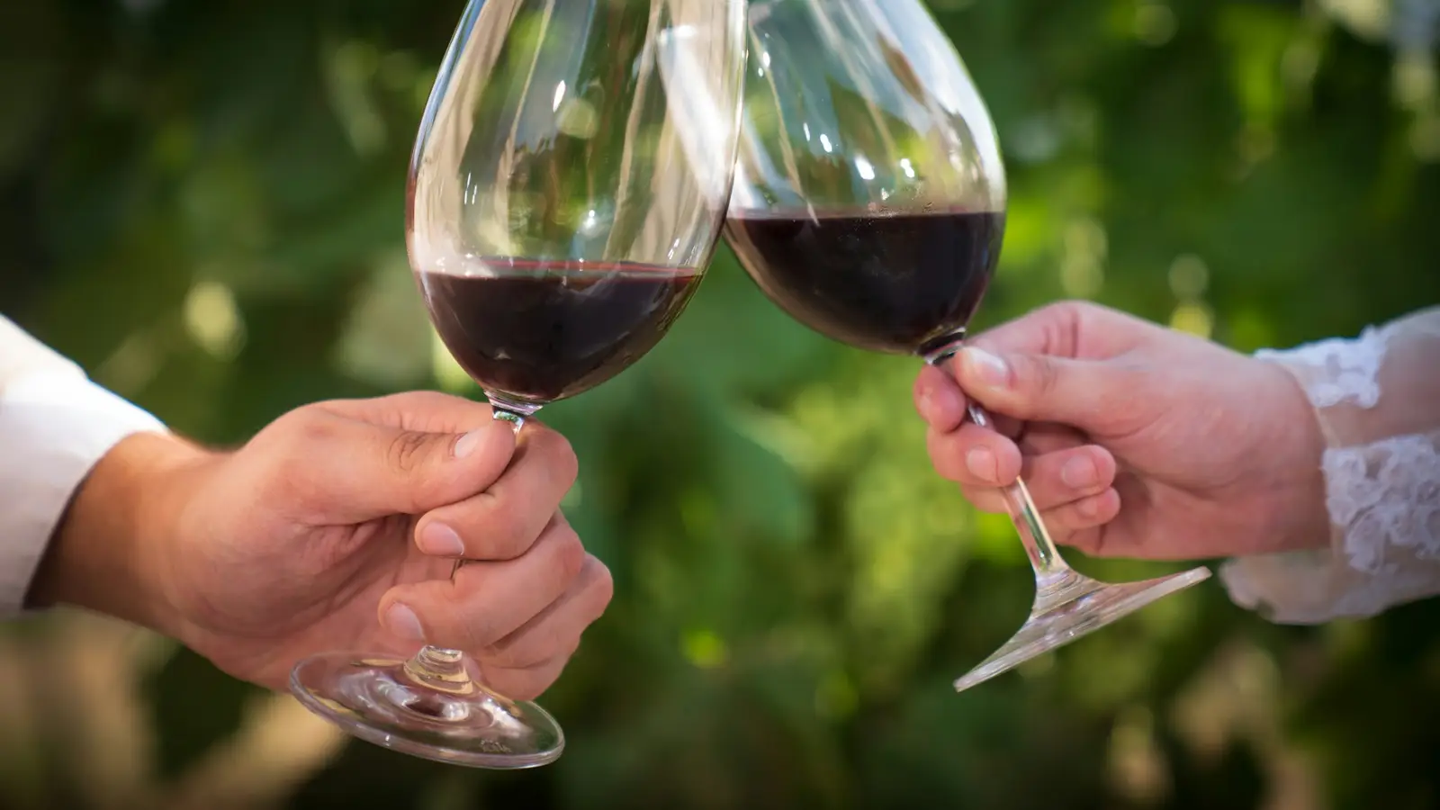 Dos personas brindando con copas de vino tinto